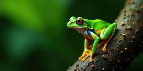 Obraz premium Rhacophorus lateralis frog on vertical surface, climbing, tree frog