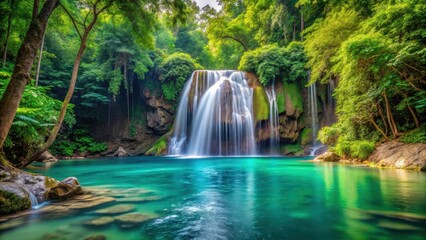 Serene waterfall cascading into a crystal-clear pool amidst a verdant forest canopy of towering trees and exotic foliage, tranquility, forest