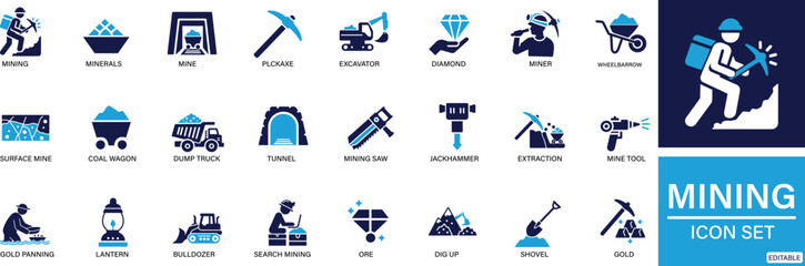 Mining icon set minerals, gold, pickaxe, miner, excavator, diamond, coal wagon, jackhammer You can easily change the color.