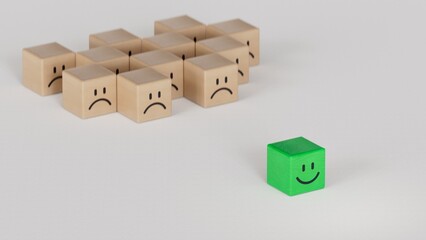 Individuality.Happy and unhappy people, teamwork and society concepts,Facial expressions. Mental health assessment.3D rendering on white background.