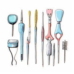 The image shows a variety of beauty and hygiene tools, including a magnifying glass, tweezers, scissors, a nail file, and a makeup brush. The tools are arranged in a row on a white background.
