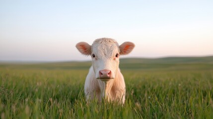 Fototapeta premium Calf in grassy field at sunset, idyllic rural scene