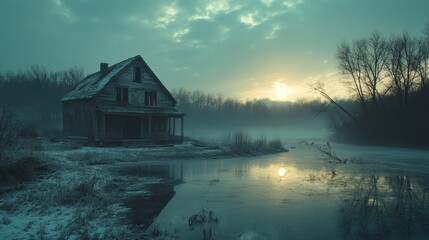 Fototapeta premium Abandoned farmhouse, winter sunrise, foggy river, snowy landscape, film still