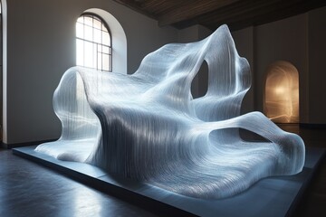 Fiber art installation, gallery sunlight, architectural design, exhibition