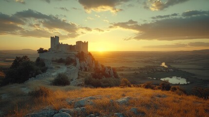 Sunset over hilltop medieval castle, rural valley