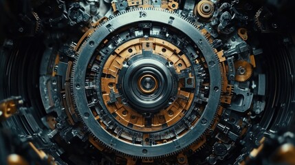 Obraz premium Steampunk mechanism close-up, intricate gears, dark background, industrial design, tech concept
