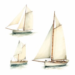 Fototapeta premium The illustrations are of three different sailboats, each with a different sail and rigging configuration. The sailboats are depicted in a realistic style, with fine detail and shading.