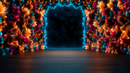 vibrant tunnel of colorful flowers illuminated by soft lights creates immersive experience. enchanting atmosphere invites exploration and wonder