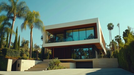 Fototapeta premium Modern house, sunny California, palm trees, luxury real estate