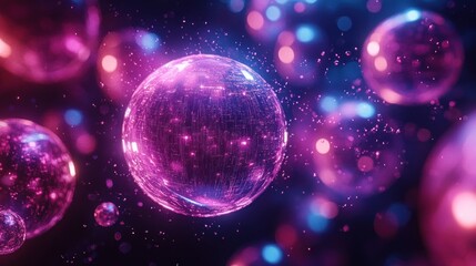 Glowing orbs float in dark space; bokeh background, digital art, website design
