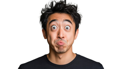 Fototapeta premium Young man making funny face with inflated cheeks and wide eyes on transparent background