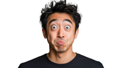 Young man making funny face with inflated cheeks and wide eyes on transparent background