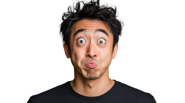 Young man making funny face with inflated cheeks and wide eyes on transparent background