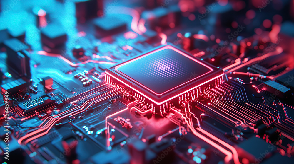 Poster glowing microchip on circuit board, showcasing advanced technology and innovation. vibrant red and b