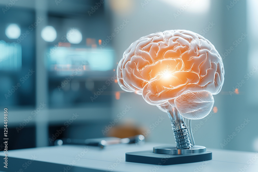 Poster glowing brain model on desk symbolizes innovation and technology in modern office setting. image hig