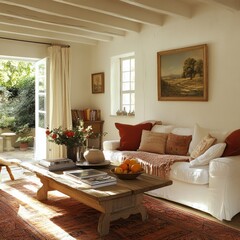 Fototapeta premium Sunny cottage living room, French doors open to garden, sunlight streams in, cozy interior design