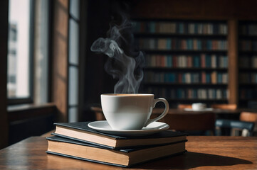 Hot coffee on the table, a pile of books in background.