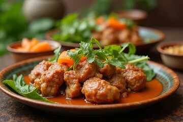Delicious Spicy Meatballs in Rich Sauce Garnished with Fresh Herbs and Carrot