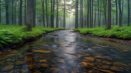 Obraz premium Serene forest landscape with a flowing stream, lush greenery, and misty atmosphere at dawn