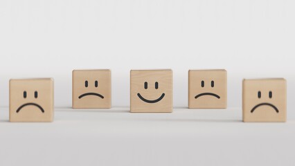 Smile face print screen on wooden cube block among sadness face for customer service evaluation and emotion mindset concept.3D rendering on white background.