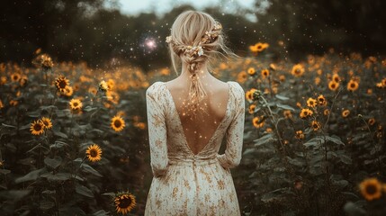 Woman in sunflower field, magical sparkles, summer dress, nature background, fantasy concept
