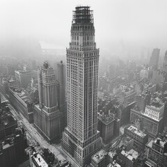 Skyscraper construction, city aerial, foggy day, urban development, historical archive