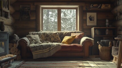 Cozy cabin sofa, winter forest view, fireplace warmth, rustic d?cor, home comfort