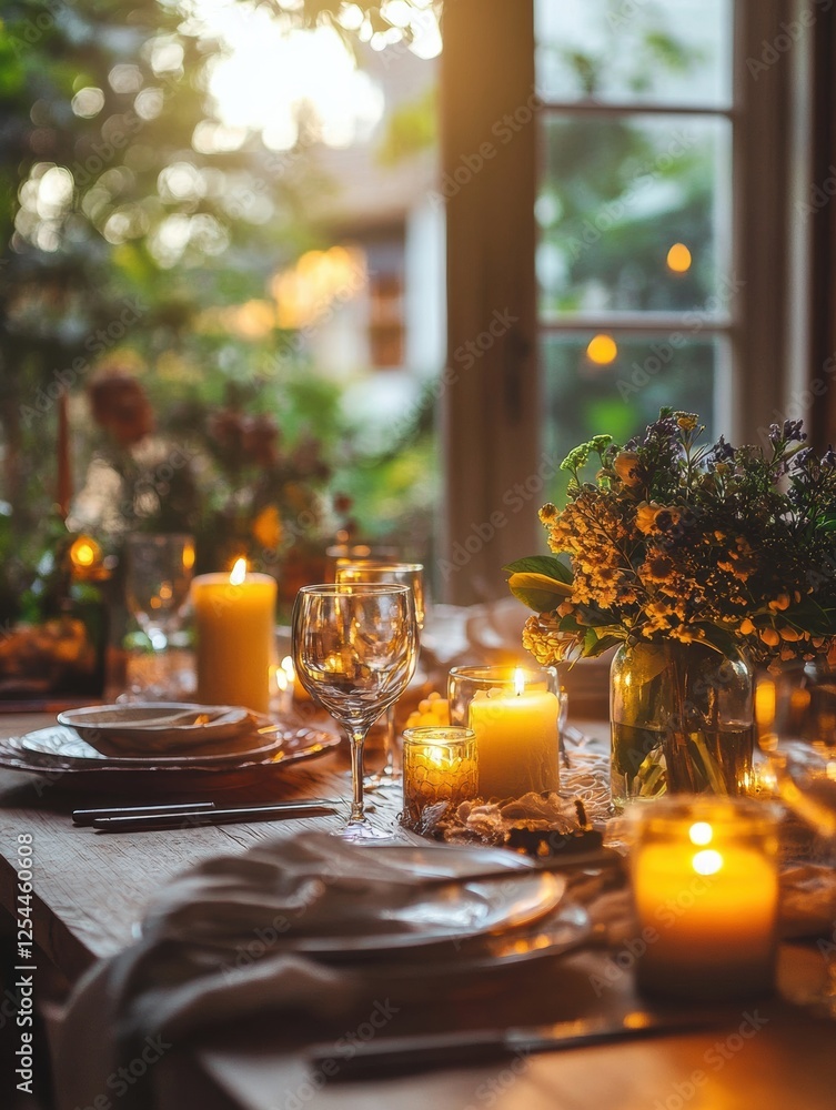 Aufkleber Elegant festive dining table set with glowing candles and fresh flowers for a warm evening gathering. Generative AI