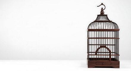 Antique Wooden Birdcage Elegant Decorative Accent Piece on White Background