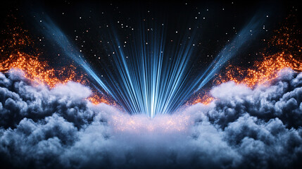 cosmic dreamscape with vibrant light beams emerging from clouds, creating surreal atmosphere filled with sparkling particles and sense of wonder