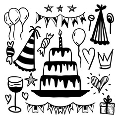 Set of hand drawn birthday party doodle elements