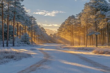 Fototapeta premium Snowy Forest Path At Sunrise