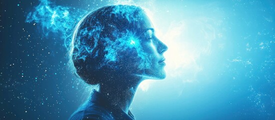 Woman's head engulfed in blue fire, cosmic background, for spirituality