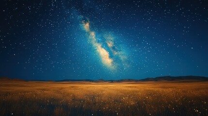 Fototapeta premium Night sky Milky Way over golden field, mountains, starscape, nature, astronomy, wallpaper