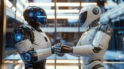 Fototapeta premium Futuristic Collaboration: Robot and Human Shaking Hands in High-Tech Office with Glowing Blue Accents