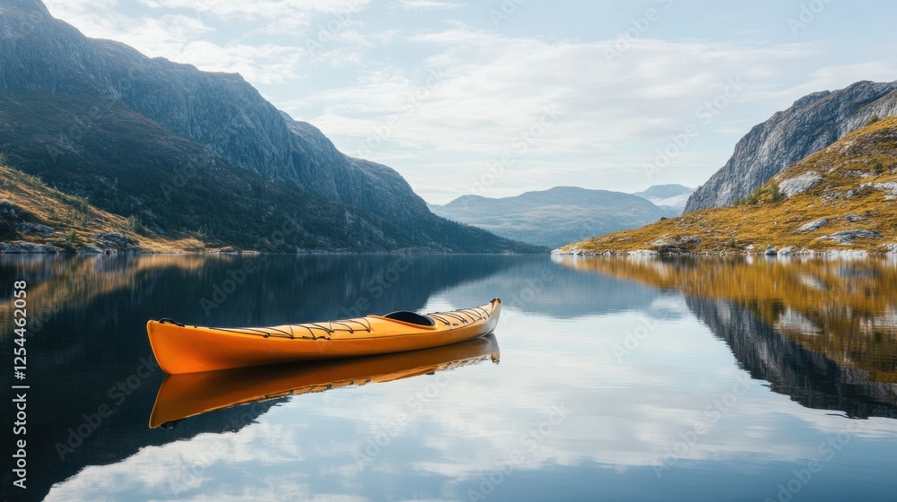 Aufkleber lone kayak gliding on the still waters of a serene mountain lake during a peaceful afternoon. genera
