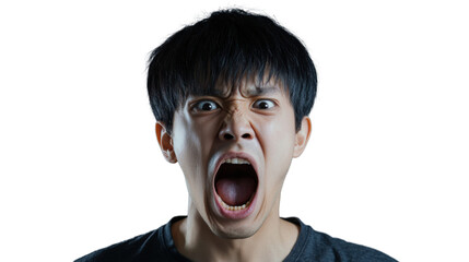 Young man shouting with transparent background: frustration and anger