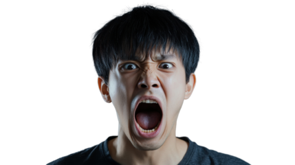Young man shouting with transparent background: frustration and anger