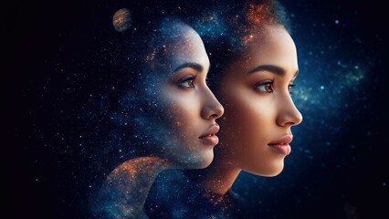 Two women in profile, seamlessly integrated into a celestial space filled with stars and planets. Cosmic energy and self-awareness. For sci-fi projects, spiritual concepts, futuristic artwork