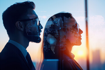Silhouetted profiles of man and woman in business attire with digital world map overlay, symbolizing global connectivity and futuristic technology