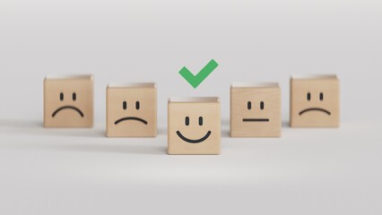 Obraz premium The wooden blocks are placed on the table, and customer service best excellent business rating experience. Satisfaction survey concept.Shopping service on The online web and offers home delivery.