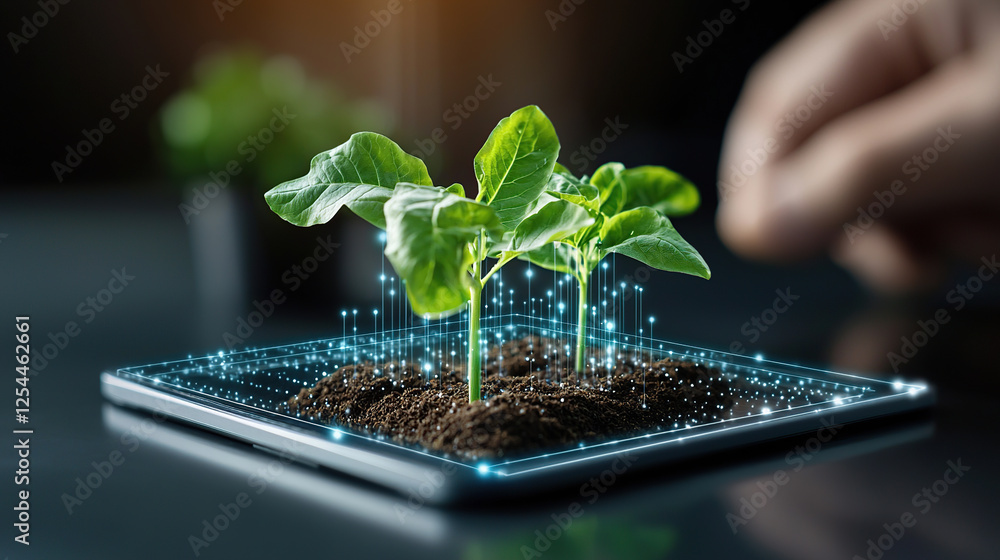 Poster digital representation of plant growing from soil on tablet, symbolizing integration of technology a