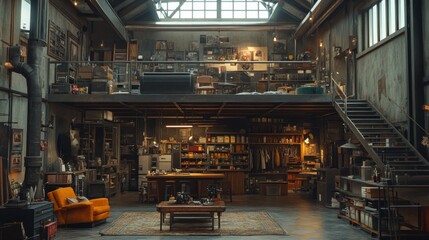 Loft apartment, industrial, vintage, cluttered, workspace, daylight, interior, design,  photography