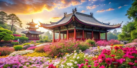 Fototapeta premium a tranquil Chinese temple stands amidst a vibrant garden filled with blooming flowers of every color, their delicate petals swaying gently in the breeze, garden, nature