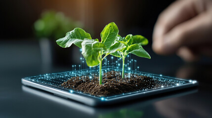 digital representation of plant growing from soil on tablet, symbolizing integration of technology and agriculture for data driven farming solutions