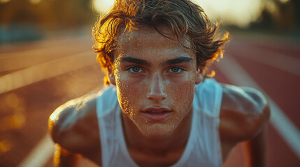 Young man on a running track after a workout, looking focused and determined at sunset, Generative AI