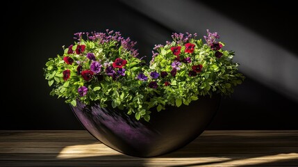 Heart-shaped planter, flowers, sunlight, dark studio, garden design