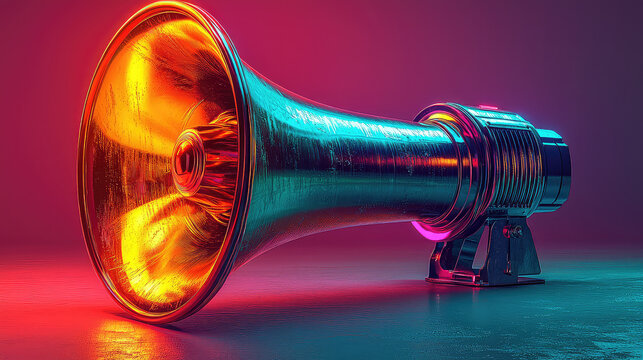 Futuristic metallic horn with vibrant neon lighting on a dark surface.