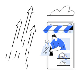 Smartphone displays online shop with products and customer holding a shopping bag. Upward arrows indicate growth. Ideal for e-commerce, online retail, shopping trends, market analysis, digital