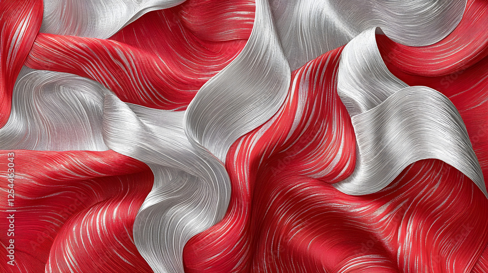 Poster red and white fabric with wavy lines and tulip patterns in a whirlwind design